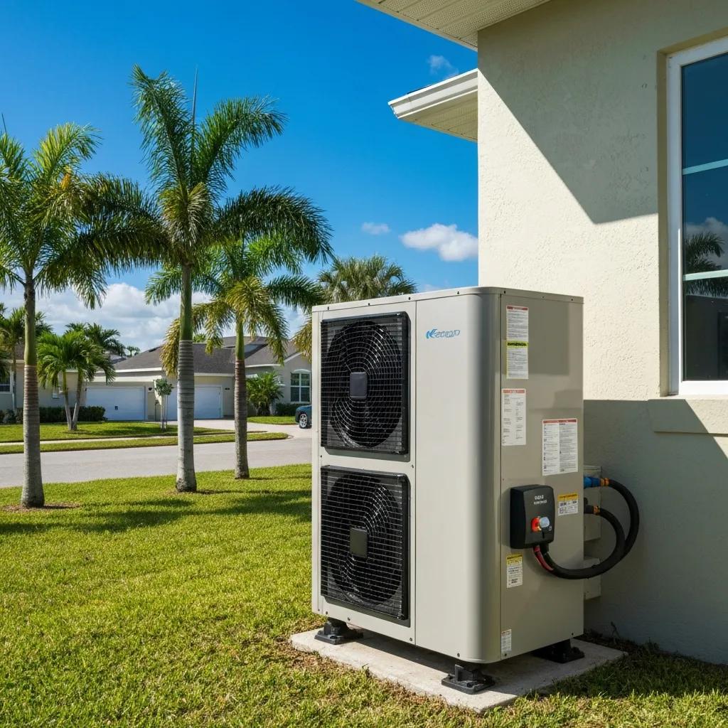 Modern heat pump system in a sunny Florida neighborhood, showcasing energy efficiency and comfort
